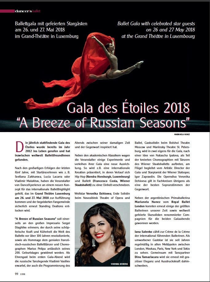 Illustration. Luxembourg. Gala des Etoiles 2018 « A Breeze of Russian Seasons ». Weltstar Veronika Dzhioeva. 2018-05-26